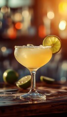 lime margarita cocktail on the rocks in a glass on the bar