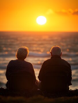 Elderly couple watching a beautiful sunset by the sea. Generative AI