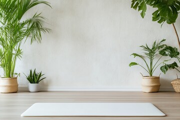 Minimalist space features yoga mat surrounded by lush greenery a