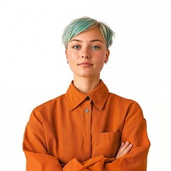Person with light sand skin, short teal hair in a matte rust orange jacket, high collar, relaxed tilt, soft even finish, full view, isolated on white background - Generative AI