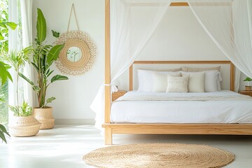 Bright, airy bedroom features wooden bed with canopy, lush plant
