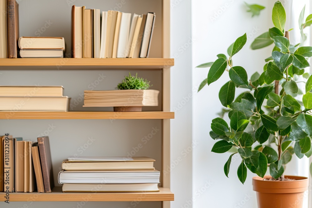 Poster minimalist bookshelf displays neatly arranged books and vibrant