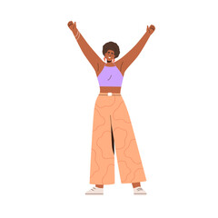 Happy black woman with arms raised. Young African-American female with hands up, smiling, enjoying, carefree joyful expression, triumph pose. Flat vector illustration isolated on white background