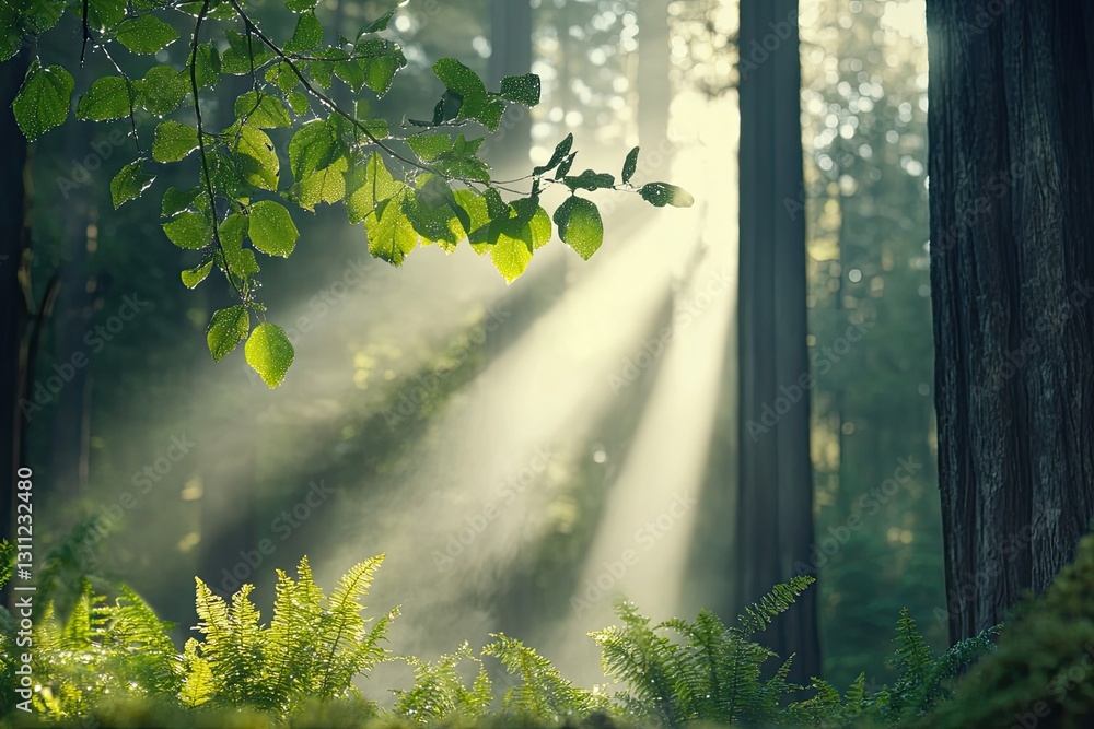 Poster sunlight filters through tall trees, creating serene atmosphere