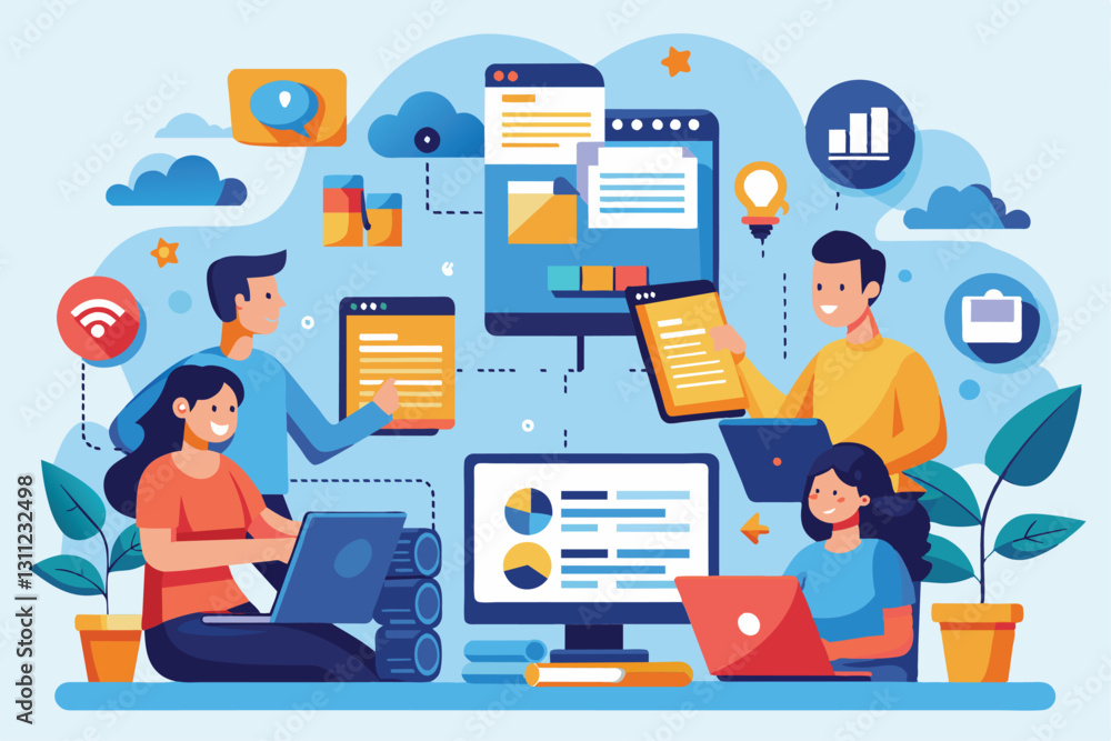 Poster a group of individuals work together, synchronizing data across various devices in a bright office, 