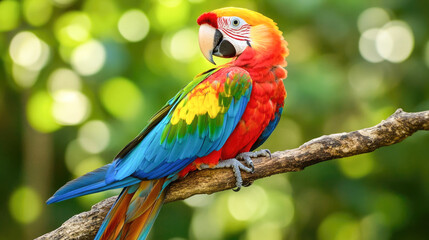 Obraz premium Vibrant scarlet macaw perched on branch in tropical forest