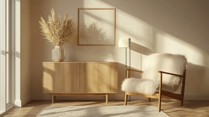 Sunlit living room with wooden furniture, pampas grass, and empty frame
