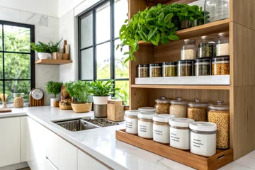 A modern kitchen with a clean design featuring a wooden shelf holding jars of spices and grains, adorned with fresh herbs and plants. © Supranee