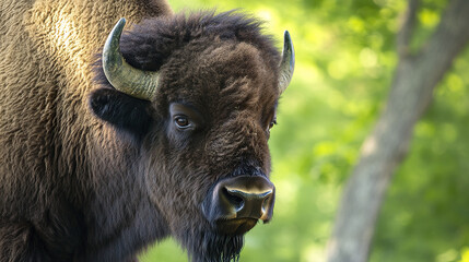 Obraz premium Majestic bison with thick shaggy fur in lush green forest
