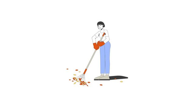 Asian woman raking leaves while wearing gloves 2D character animation. Outdoor maintenance autumn. Korean female rake handling animated person cartoon 4K video isolated on white transparent