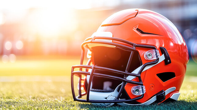 Bright red football helmet on grass field with sunlight