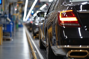 Fototapeta premium Modern assembly line showcasing sleek black cars in production,