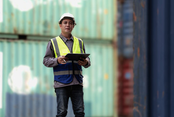 Industrial engineer standing at shipping container yard inspecting cargo delivering loading as...