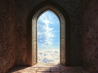 Fototapeta premium A door in a tall tower opening to a breathtaking view the sky and horizon
