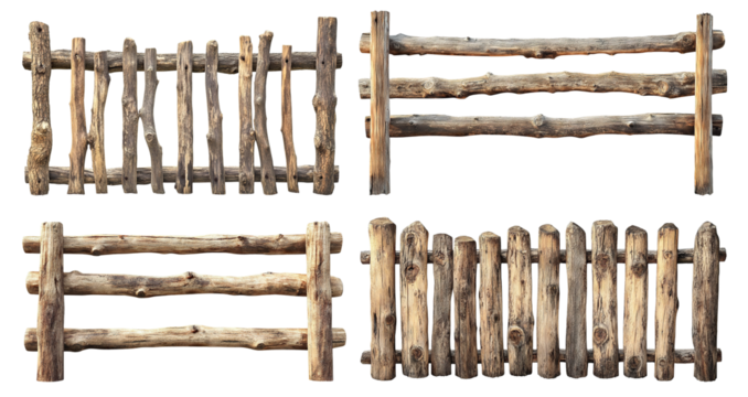 Set of rustic wooden fences made of natural logs, isolated on transparent cutout background