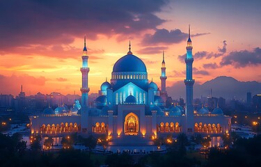 Fototapeta premium Majestic Mosque with Blue Dome and Tall Minarets at Sunset