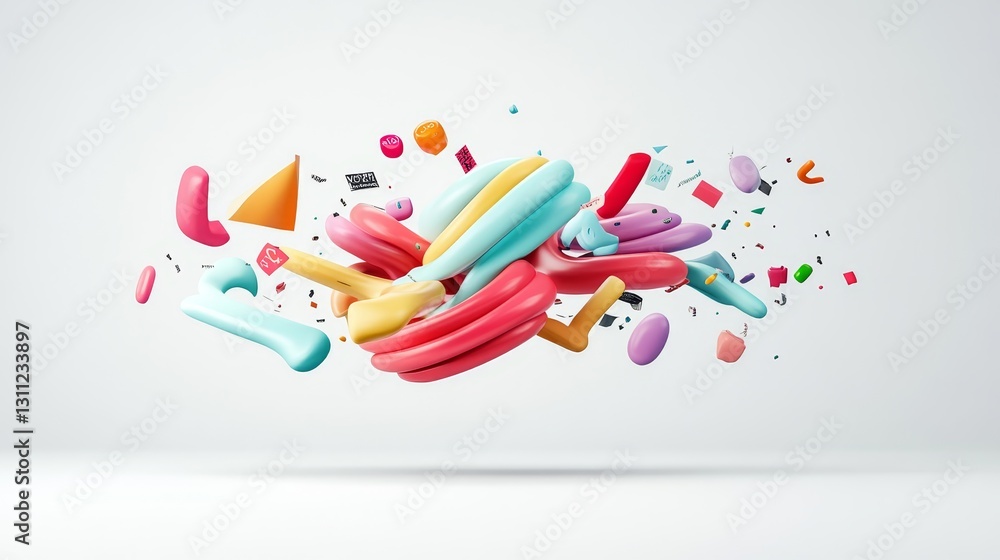 Poster colorful abstract shapes and elements flying in a dynamic scene