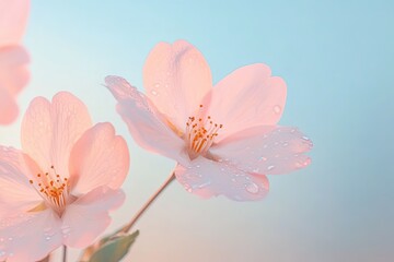 Obraz premium Delicate pink blossoms against soft blue backdrop create serene
