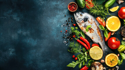 Fresh seafood and vibrant vegetables on dark rustic background