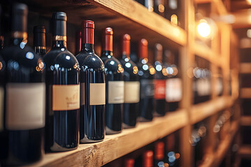 Rustic wooden wine cellar with organized shelves of wine bottles. Generative AI