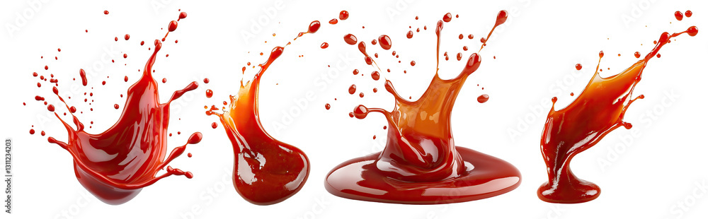 Poster set of red ketchup splashes in dynamic motion, isolated on transparent cutout background