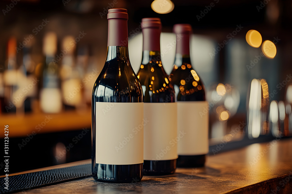 Aufkleber selection of wine bottles with blank labels arranged on a sleek bar countertop. generative ai.