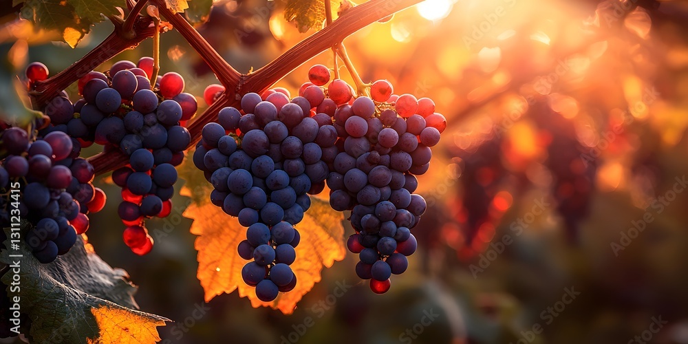 Poster sun rays illuminate grapevines in a serene vineyard at sunset. generative ai