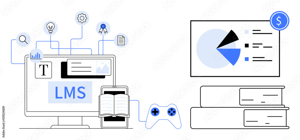 Poster computer screen with lms interface, open book, and mobile device connected to tools, analytics, book