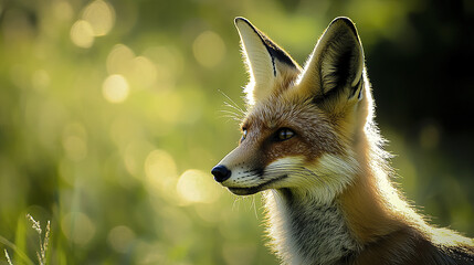 Fototapeta premium Majestic fox headshot with ears perked and deep gaze in sunlight