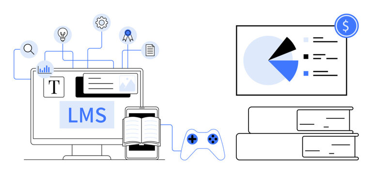 Computer screen with LMS interface, open book, and mobile device connected to tools, analytics, books, gaming elements. Ideal for education, e-learning, training analytics technology knowledge