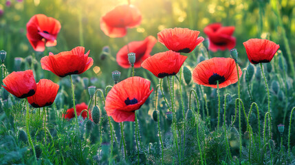Obraz premium Vibrant red poppy flowers in sunlit meadow celebrating nature's beauty
