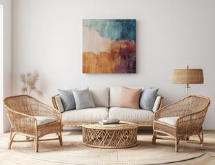 Abstract art piece in boho living room