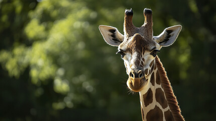 Majestic giraffe headshot with ears perked and deep gaze