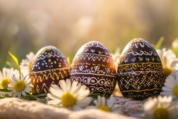 Fototapeta premium A macro shot of three intricately designed Easter eggs, gentle shadows, surrounded by fresh daisies, warm and inviting scene