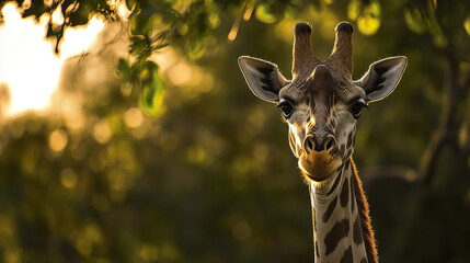 Obraz premium Majestic giraffe portrait with long neck in serene setting