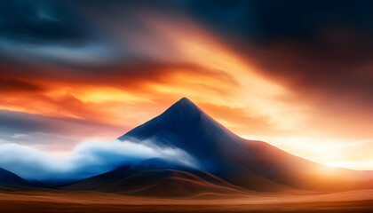 A breathtaking sunset over a majestic mountain peak, with vibrant colors blending in the sky and mist rolling across the valley.