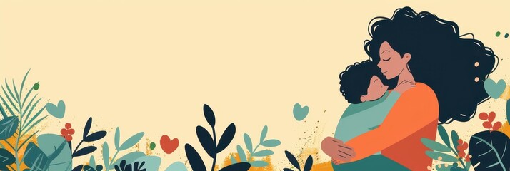 Celebrating world maternal mental health day with love and supportive illustrations. Horizontal banner. Copy space. Postpartum depression concept. Postnatal care services, women's wellness