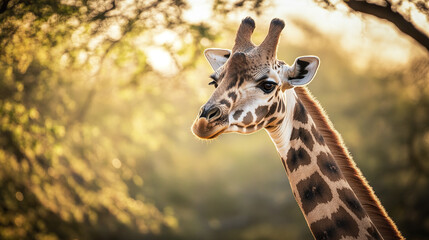 Fototapeta premium Majestic giraffe portrait with long neck in serene setting