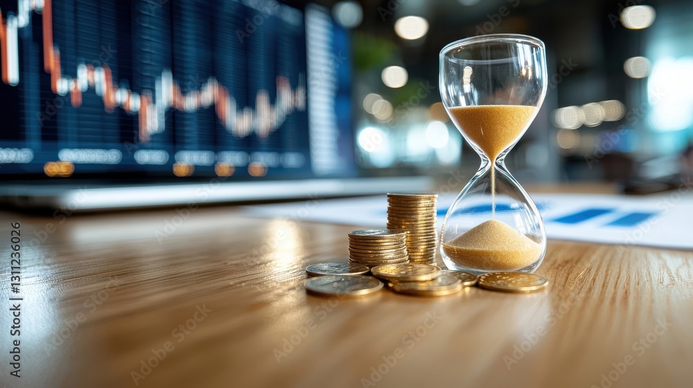 Poster time is money financial investment analytics and business planning concept with hourglass coins and 