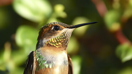 Close up of hummingbird with iridescent feathers in natural setting