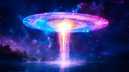 Energy beam ascending from lake towards luminous cosmic disc amidst starry skies