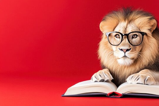 Scholar Lion With Glasses Analyzing An Open Book Closely.
