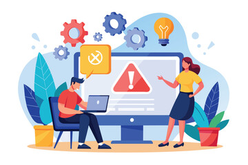 Obraz premium Two individuals engage in problem-solving, focusing on computer error messages and discussing solutions, People thinking with computer and error icon trending