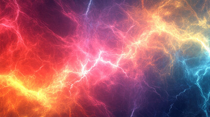 Obraz premium Vibrant electric lightning storm with red, orange, and blue lightning bolts across a dynamic sky