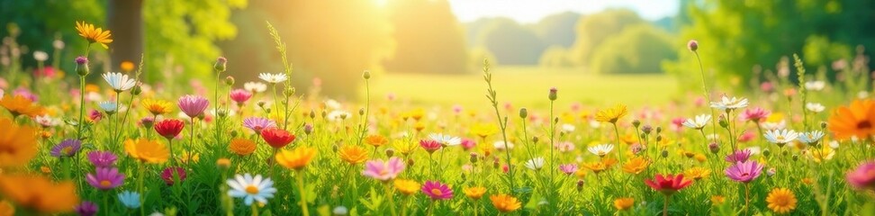 Fototapeta premium Vibrant wildflowers carpet sun-drenched field, blossoms, pastel