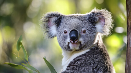 Naklejka premium Majestic koala with fluffy ears in lush green forest setting