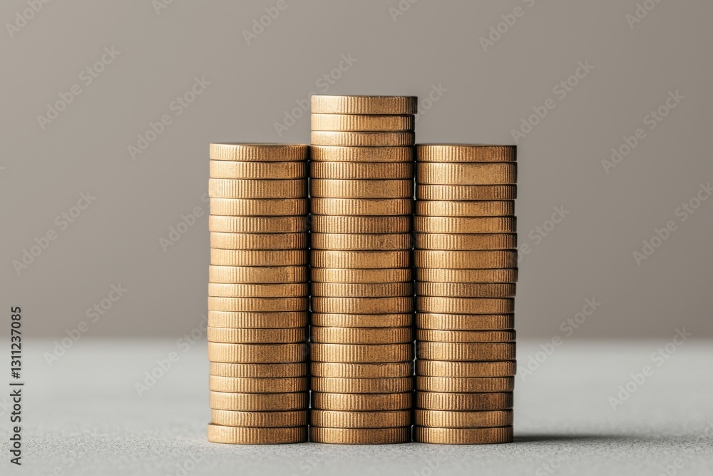 Poster stacks of golden coins arranged in a tower formation representing the accumulation of wealth financi