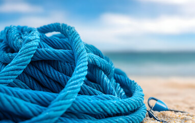Fototapeta premium A close-up of a tangled blue rope on the beach, symbolizing marine activities and nautical themes in a serene coastal setting.
