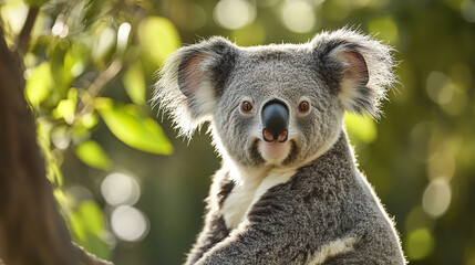 Fototapeta premium Majestic koala with thick gray fur in sunlit forest setting