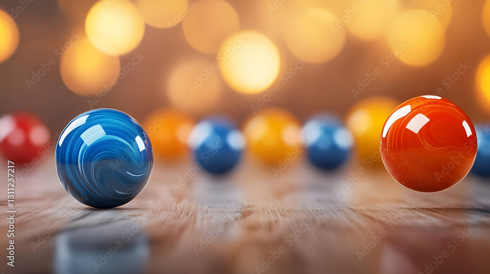 Poster a close-up of colorful marbles resting on a wooden surface, illuminated by soft bokeh lights, creati